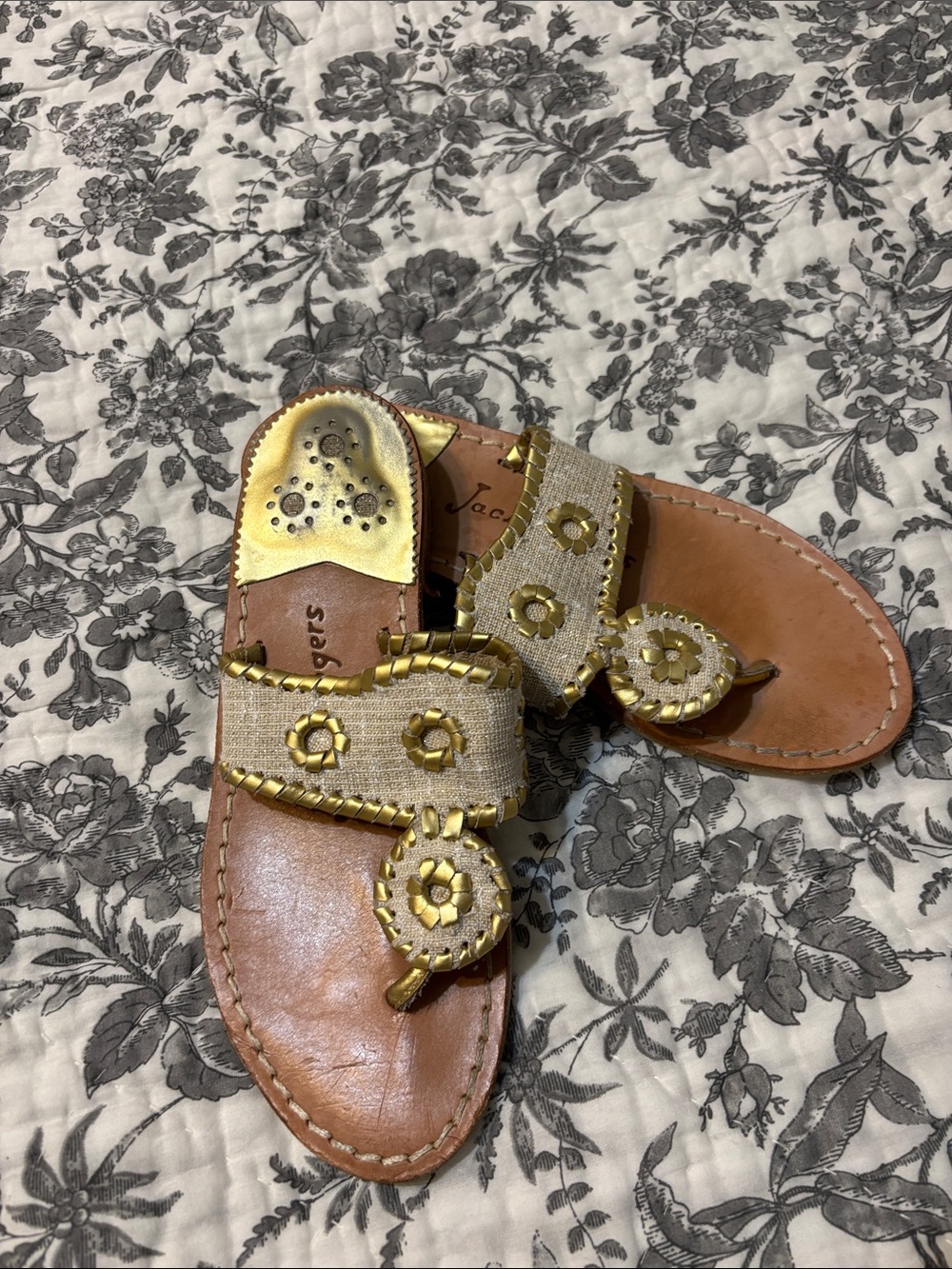 Jack Rogers Tan Leather Sandals with Gold Trim